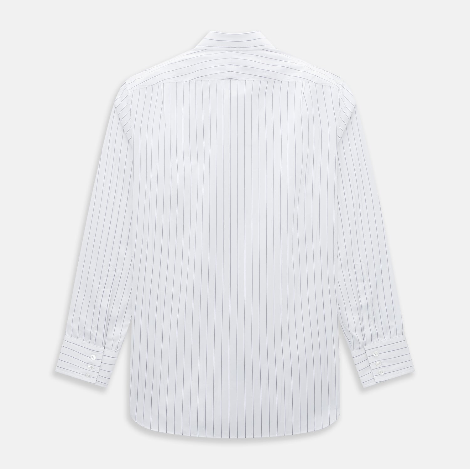 View 3 of product The Turnbull & Asser Navy Hairline Multi Stripe Mayfair Shirt, made from fine Italian cotton with navy stripes, a pointed collar, and buttoned cuffs, is shown laid flat on a plain white background.