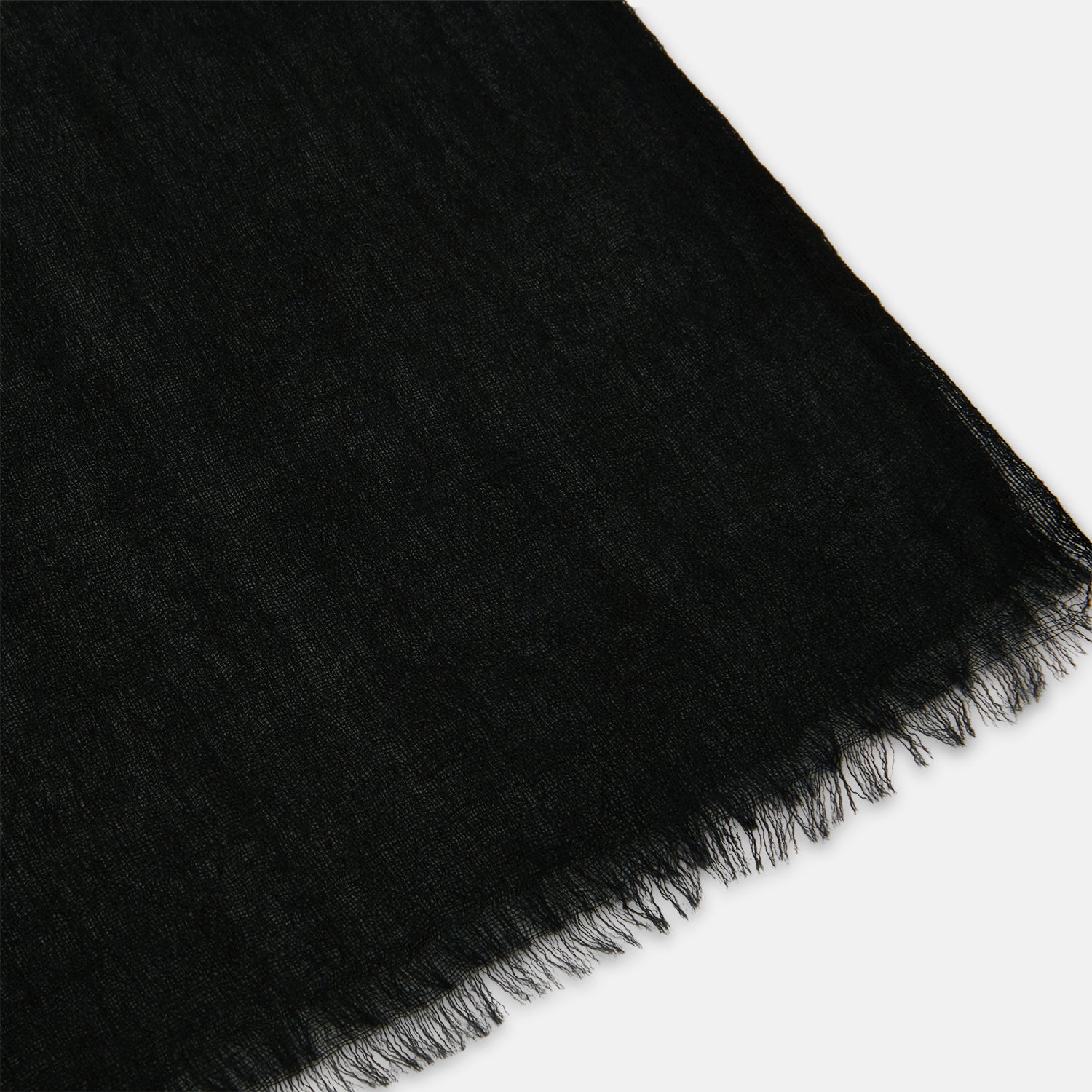 View 2 of product The Turnbull & Asser Charcoal Melange Cashmere Scarf features a smooth texture, subtle frayed edges, and a loosely knotted style, elegantly displayed on a white background—an ideal luxury accessory for any season.
