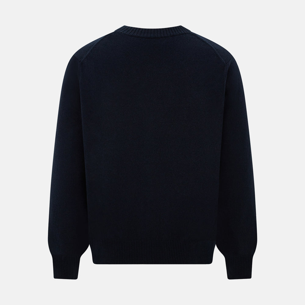 The Navy V-Neck Cashmere Cardigan by Turnbull & Asser features a button-up front, ribbed cuffs and hem, and two front pockets—a classic from our knitwear collection.