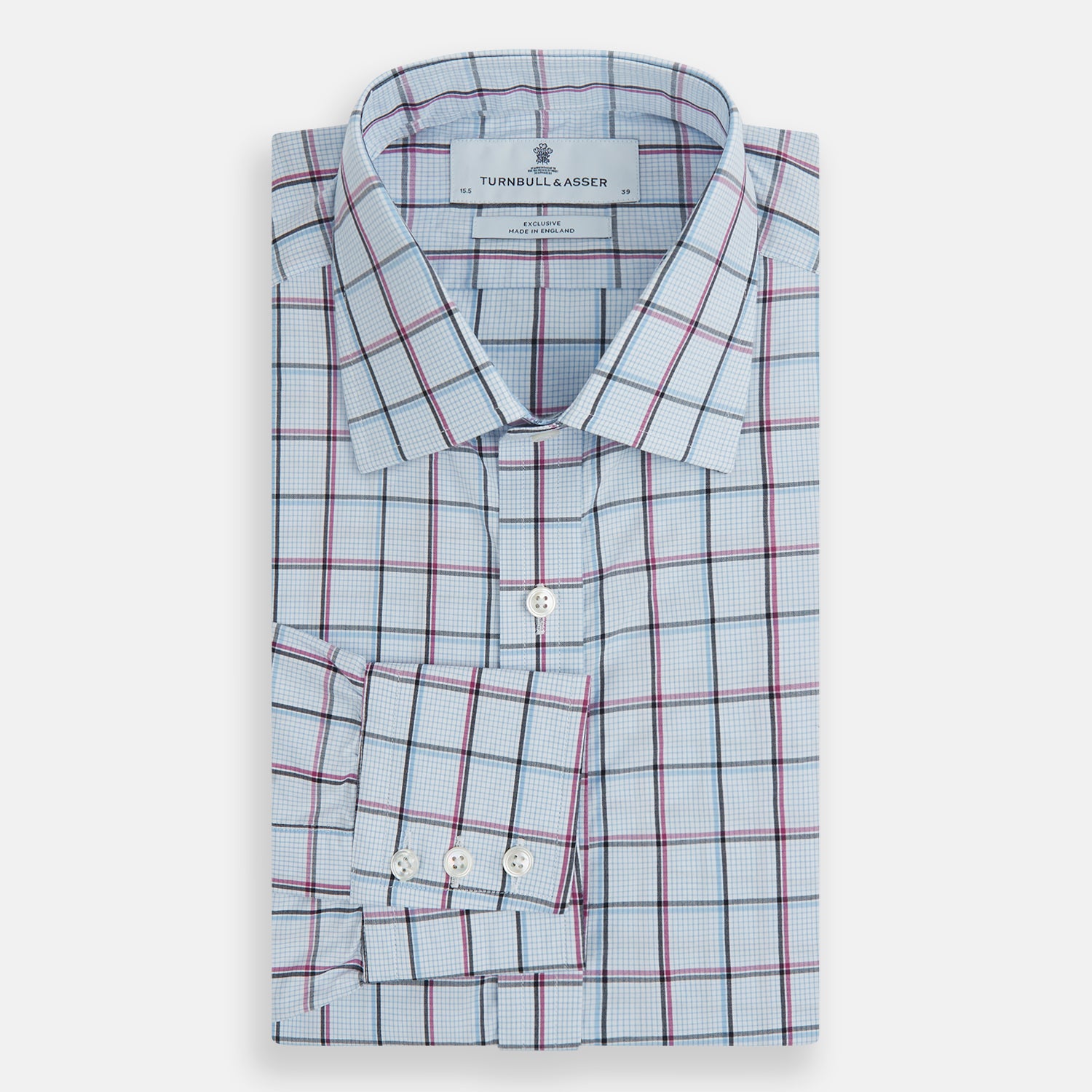 View 4 of product The Turnbull & Asser Blue and Pink Tattersall Check Mayfair Shirt features a classic tattersall pattern with a T&A collar and cuffed sleeves.