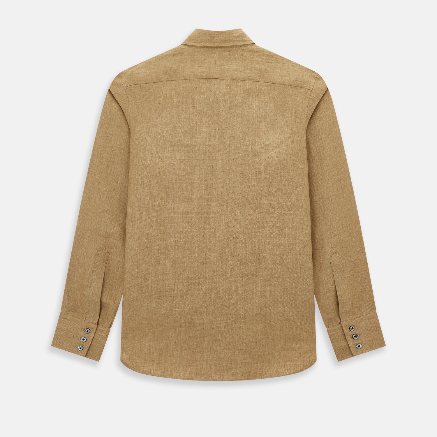 View 3 of product The Turnbull & Asser Camel Linen Windsor Shirt features long sleeves, a tailored fit, and classic collar in light brown camel linen, shown against a white background.