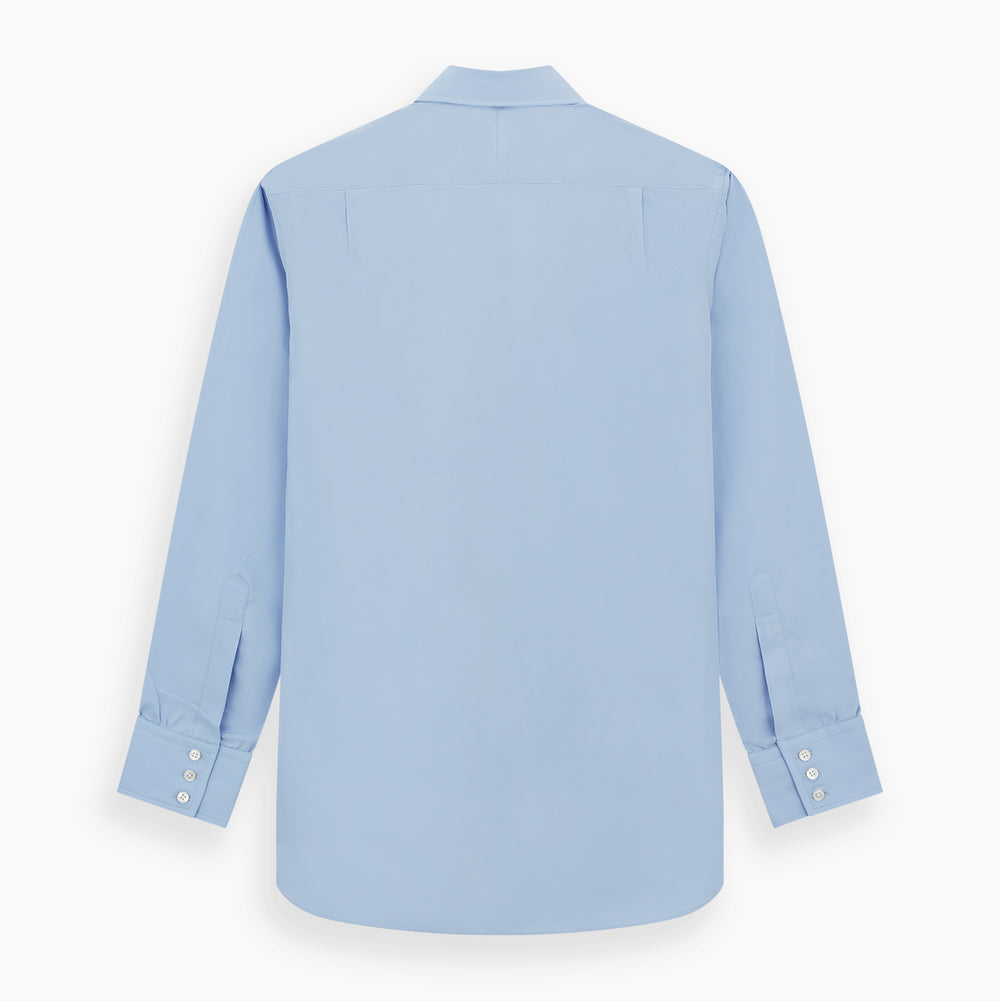 The Turnbull & Asser Blue Cotton Shirt features a T&A collar, 3-button cuffs, and white buttons—ideal for navy suits or smart looks. Laid flat on a white background.