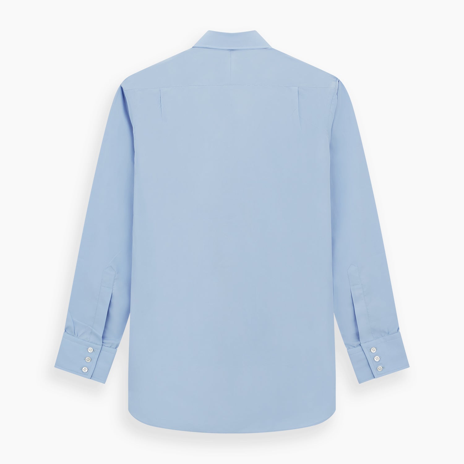 View 5 of product The Turnbull & Asser Blue Cotton Shirt features a T&A collar, 3-button cuffs, and white buttons—ideal for navy suits or smart looks. Laid flat on a white background.