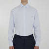 View 5 of product The Turnbull & Asser Two-Fold 120 Light Blue Shirt features a T&A collar, 3-button cuffs, white buttons, front pocket, and inner collar label. It is displayed neatly folded on a plain white background.