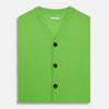 View 4 of product The Turnbull & Asser Lime Green Fine Merino V-Neck Sleeveless Cardigan features dark buttons, two front pockets, and a sophisticated look, all set against a plain white background.