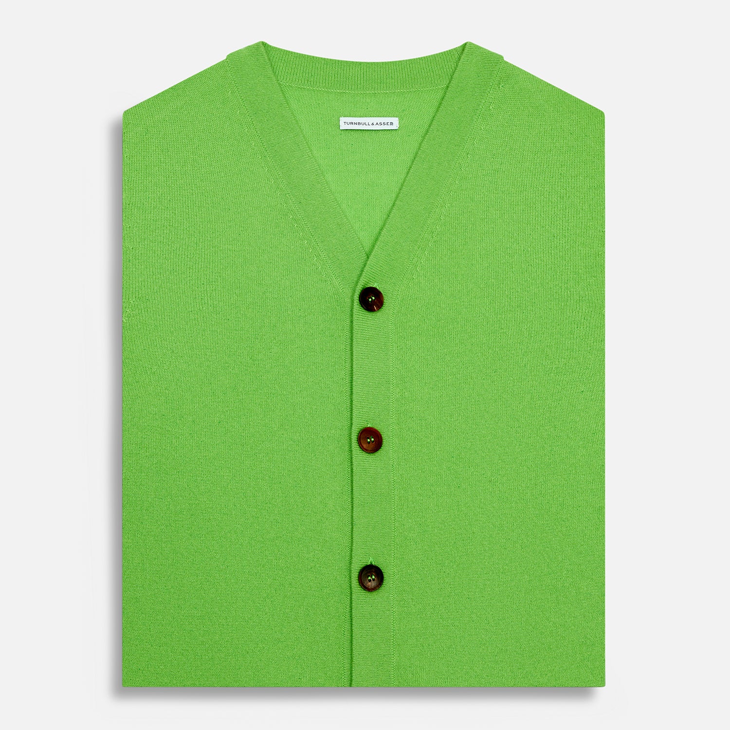 View 4 of product The Turnbull & Asser Lime Green Fine Merino V-Neck Sleeveless Cardigan features dark buttons, two front pockets, and a sophisticated look, all set against a plain white background.