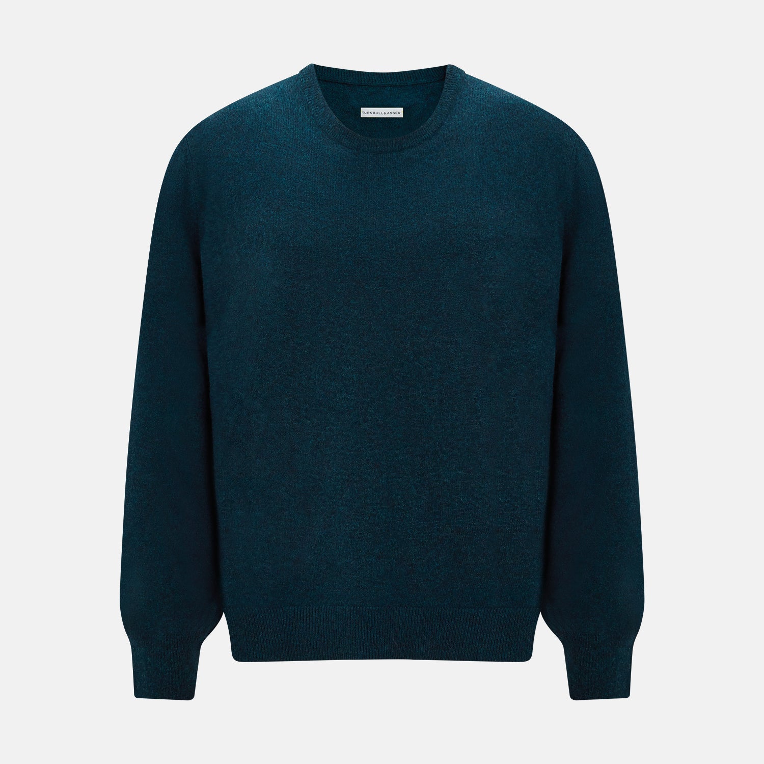 View 1 of product The Turnbull & Asser Dark Green Melange Cashmere Round Neck Jumper features long sleeves with ribbed cuffs and a ribbed hem, shown against a plain white background.
