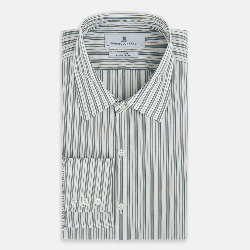 The OLIVE & SAGE GREEN MULTI TRACK STRIPE WESTMINSTER SHIRT by Turnbull & Asser features a classic Turnbull collar and long sleeves, showcasing British craftsmanship with its striped design, presented against a white background.