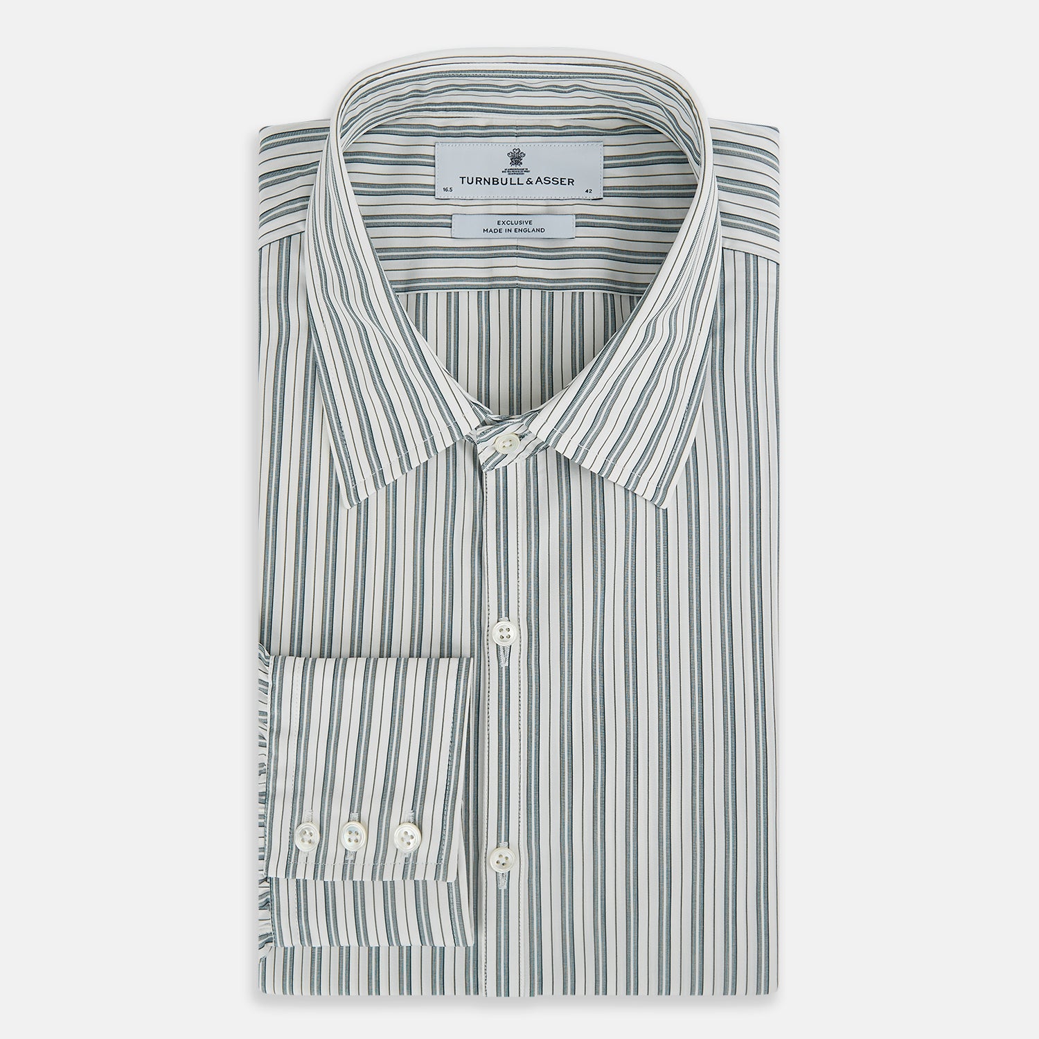 View 4 of product The OLIVE & SAGE GREEN MULTI TRACK STRIPE WESTMINSTER SHIRT by Turnbull & Asser features a classic Turnbull collar and long sleeves, showcasing British craftsmanship with its striped design, presented against a white background.