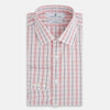 View 5 of product The Turnbull & Asser Red Multi Check Mayfair Shirt is a long-sleeve, button-up with a collar, crafted from Italian cotton and featuring a red multi check plaid pattern on white, shown laid flat against a white surface.