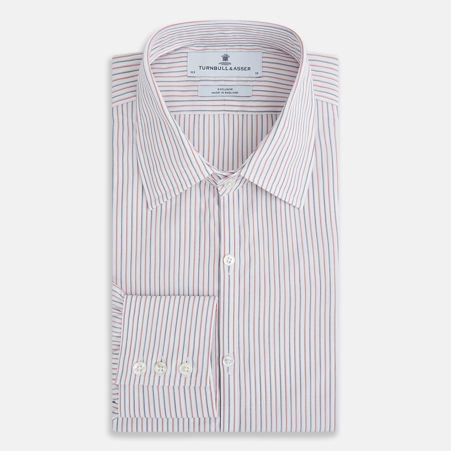 View 5 of product The Turnbull & Asser Red and Blue Double Stripe Westminster Shirt is a long-sleeved, button-up dress shirt with a formal collar, featuring narrow red and blue stripes on white, shown against a plain white background.