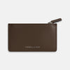 View 1 of product The Dark Chocolate Leather Zip Wallet by Turnbull & Asser, crafted from full-grain Italian leather, features a white brand logo on the front and is displayed against a plain white background.