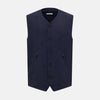View 1 of product The Turnbull & Asser Navy Linen Twill Waistcoat is a sleeveless V-neck vest featuring two zippered side pockets and a chest pocket, shown on a plain white background.