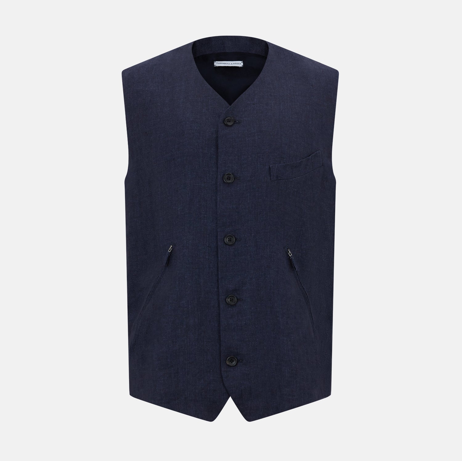 View 1 of product The Turnbull & Asser Navy Linen Twill Waistcoat is a sleeveless V-neck vest featuring two zippered side pockets and a chest pocket, shown on a plain white background.