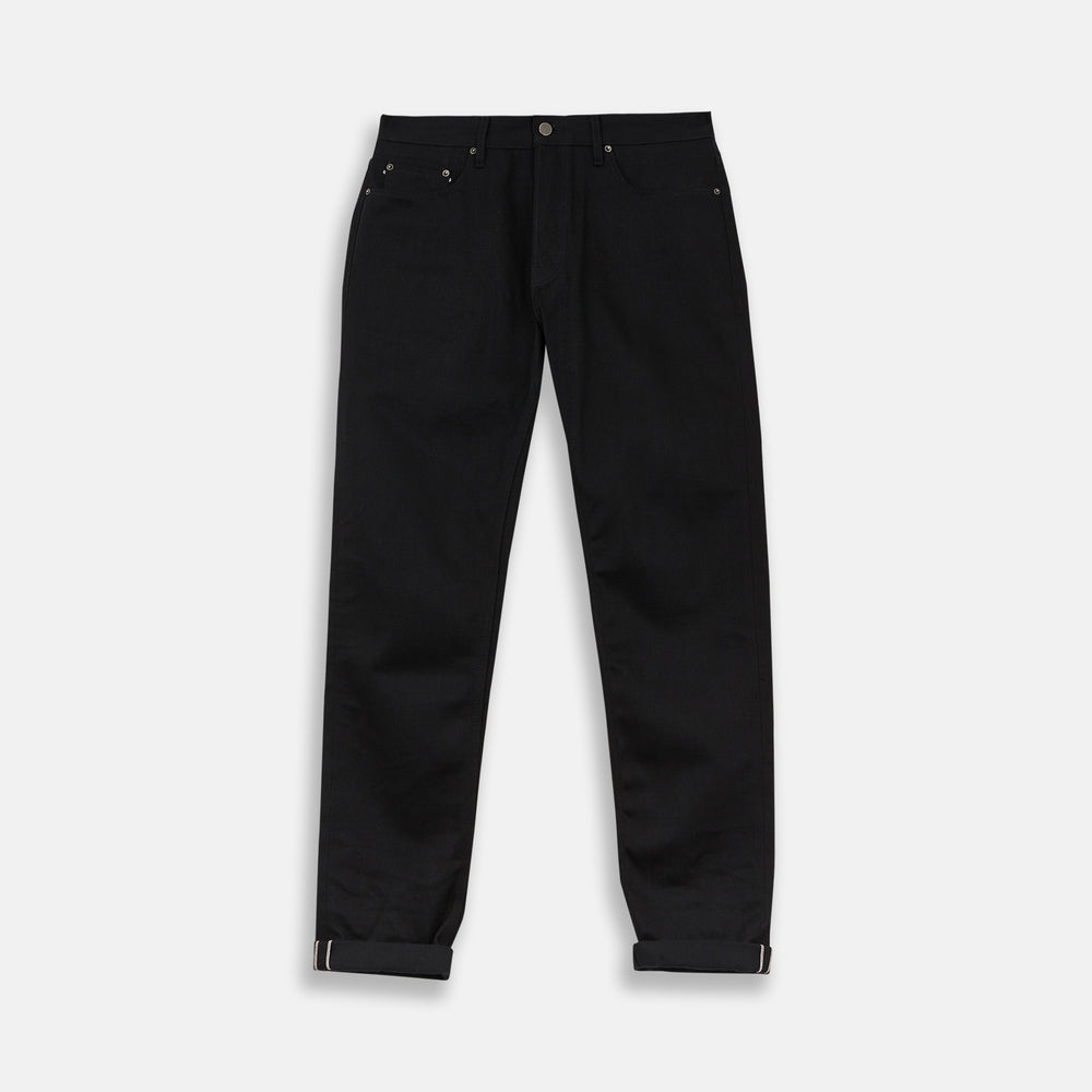 A pair of Turnbull & Asser Black Italian Selvedge Denim Jeans with a five-pocket design, button closure, and cuffed hems, displayed flat on a white background.