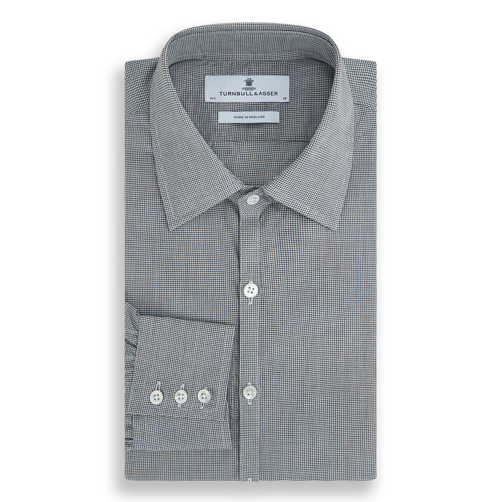 The Turnbull & Asser Grey and White Micro Check Westminster Shirt features long sleeves, a button-up front, a Westminster collar, and white buttons, shown flat on a white background.