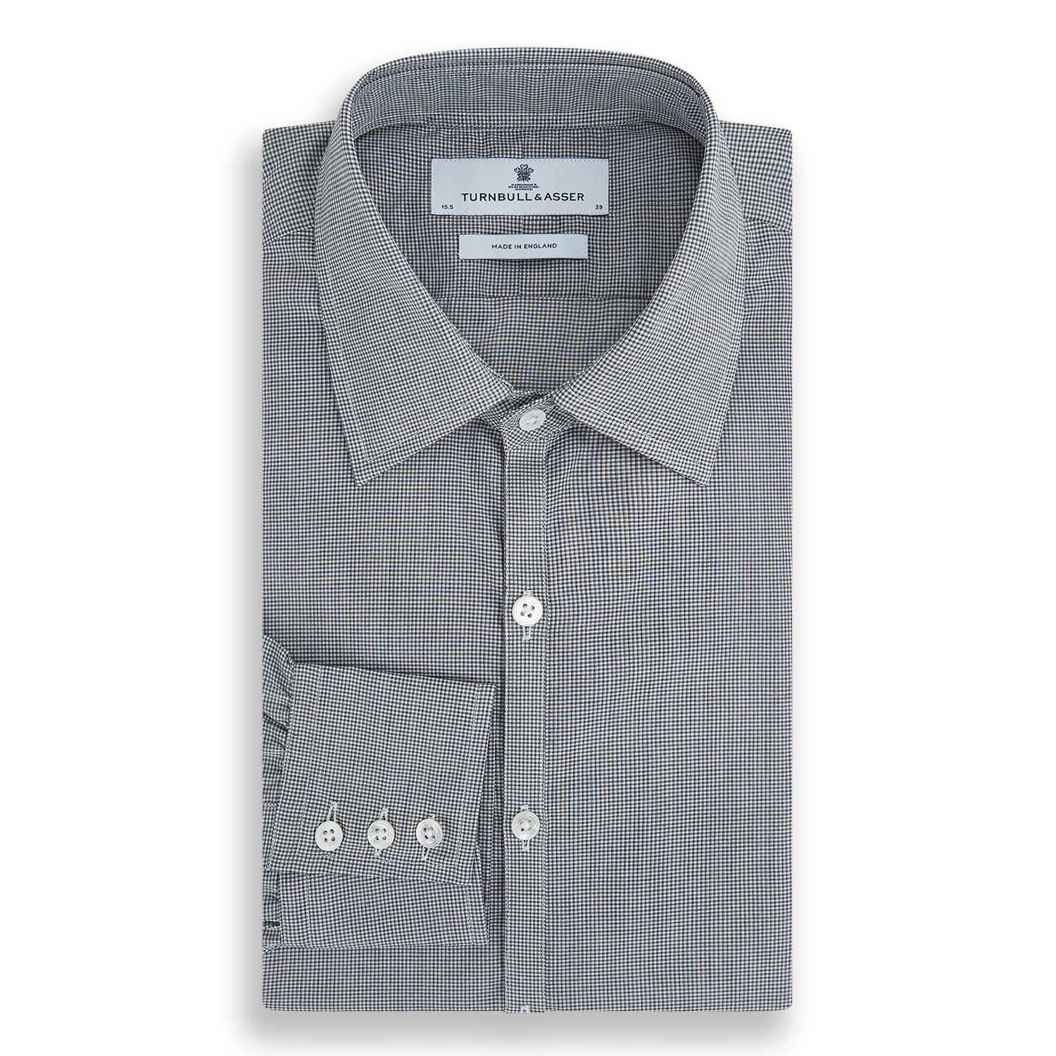 View 8 of product The Turnbull & Asser Grey and White Micro Check Westminster Shirt features long sleeves, a button-up front, a Westminster collar, and white buttons, shown flat on a white background.