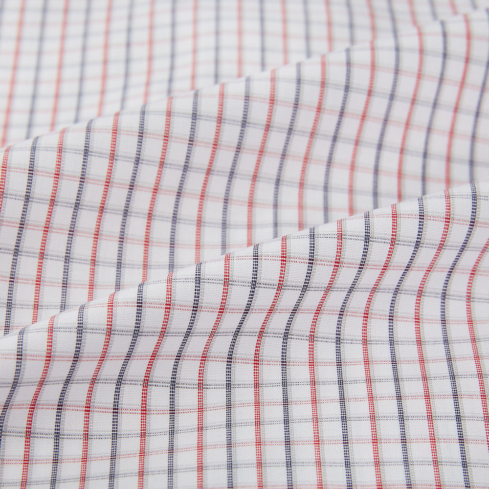 Turnbull & Asser Red and Blue Multi Check Mayfair Shirt with a classic T&A collar in premium Italian cotton, neatly laid flat on a white surface.