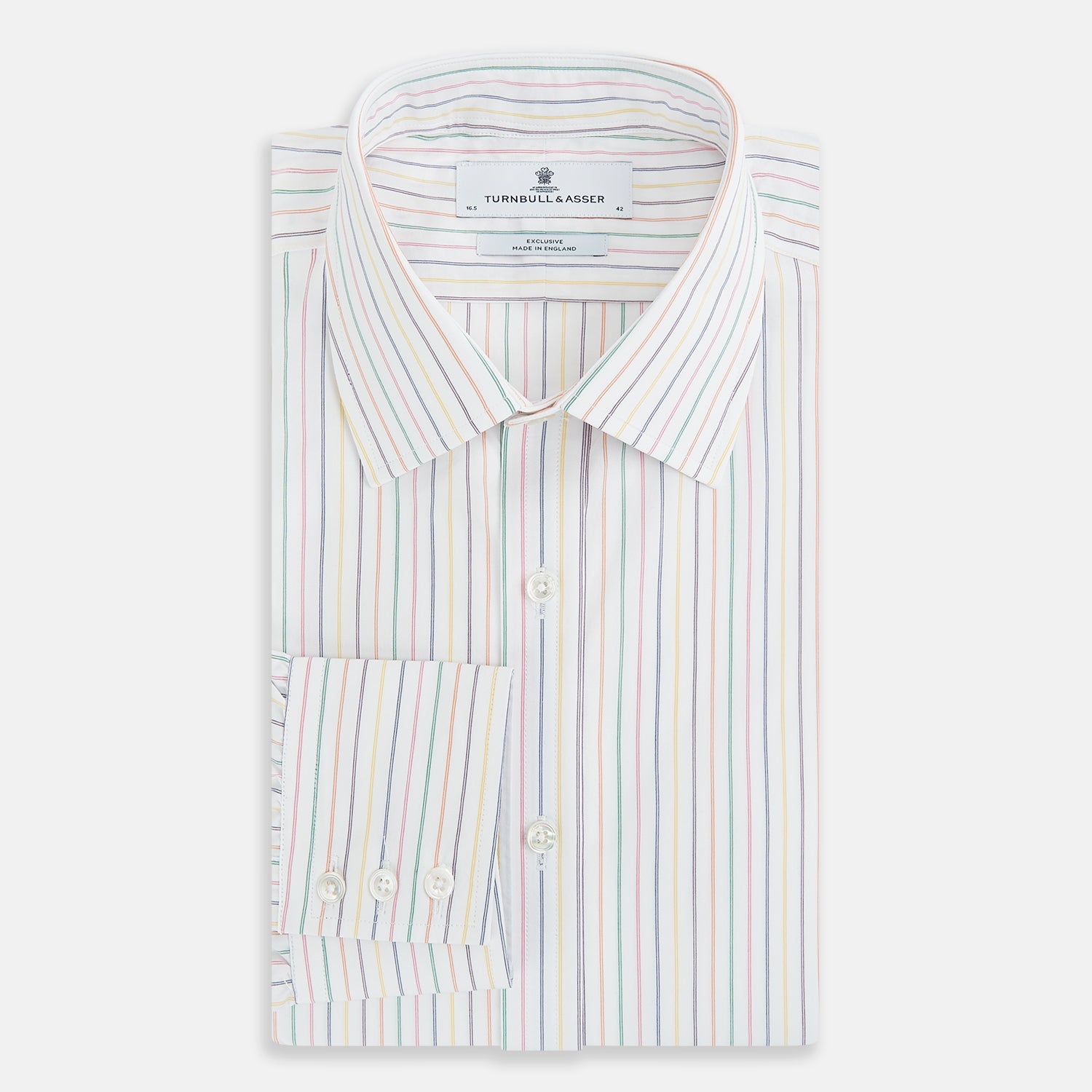 View 5 of product The Turnbull & Asser Rainbow Double Pinstripe Mayfair Shirt is a pure cotton, long-sleeved button-up with a collar and buttoned cuffs, featuring colourful blue, red, and yellow stripes on white, displayed on a plain white background.