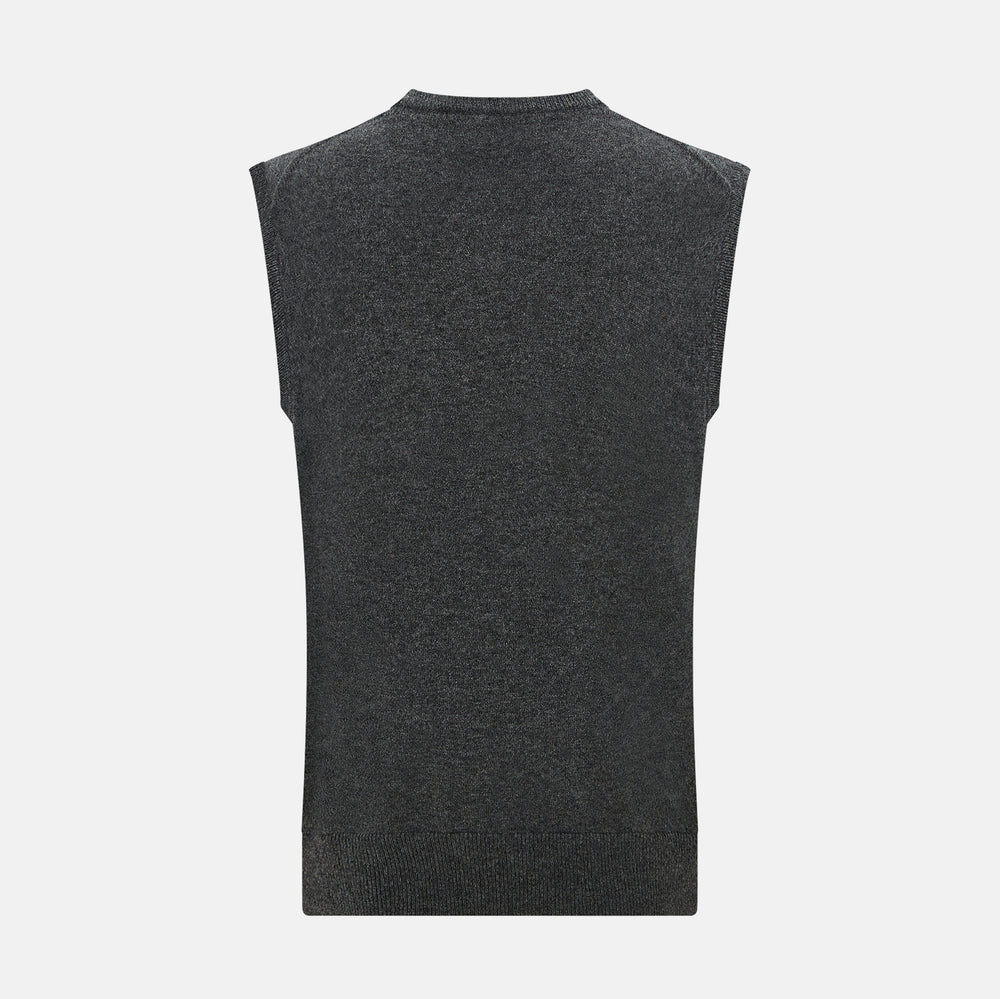 The Turnbull & Asser Charcoal Grey Cashmere Round Neck Vest is a sleeveless knit sweater vest shown against a plain white background.