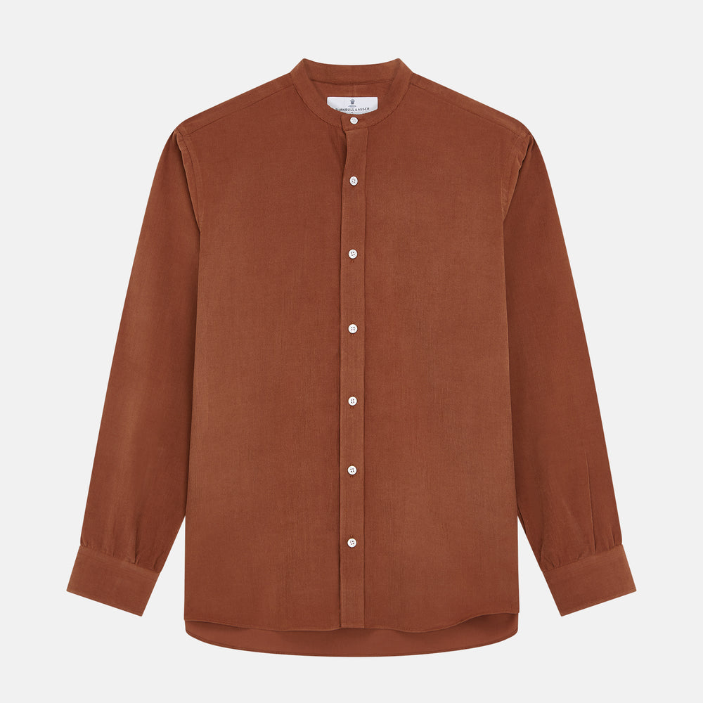 The Turnbull & Asser Rust Cotton Weekend Fit Blake Shirt features long sleeves, a stand collar, and white buttons—an ideal casual piece displayed flat on a white background.