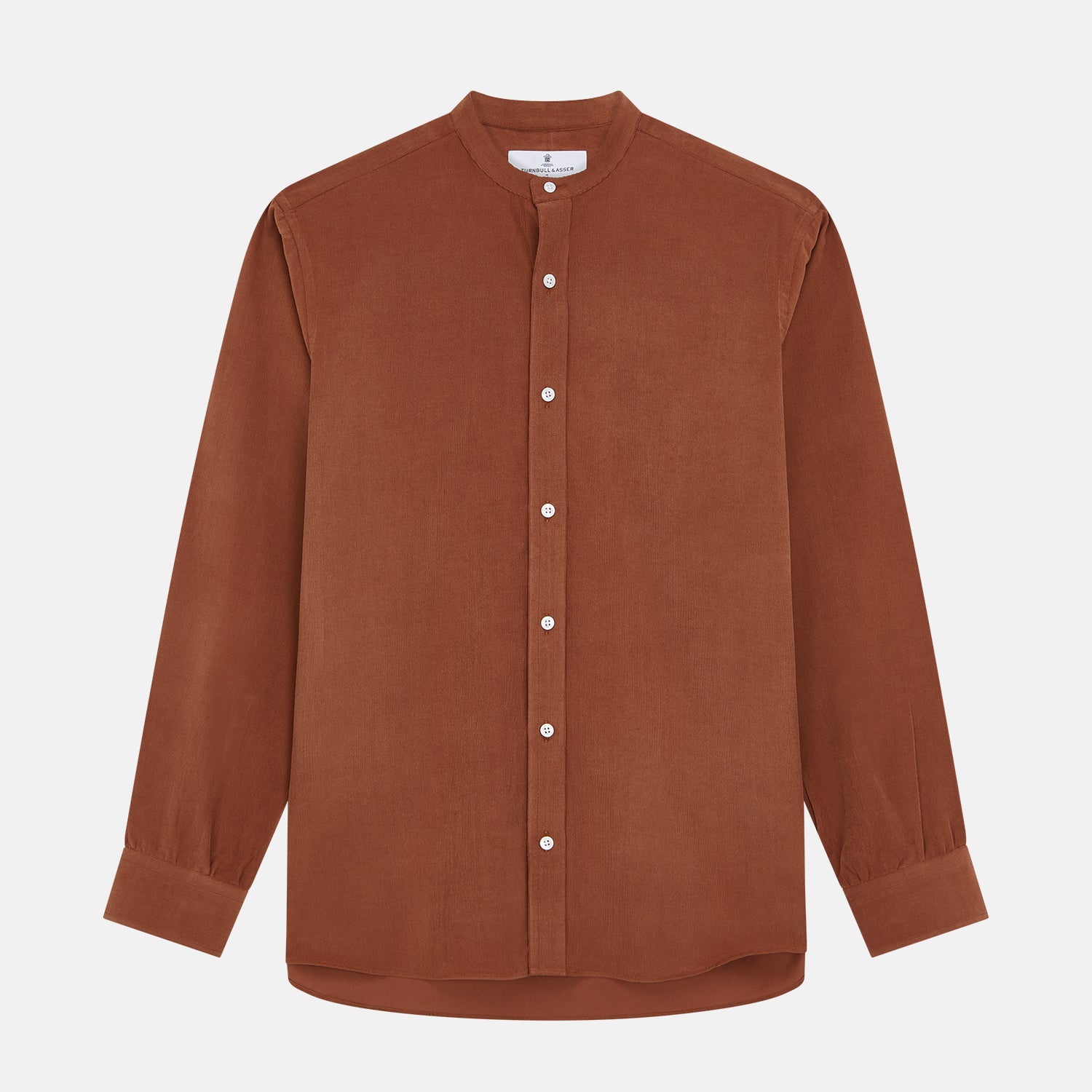 View 1 of product The Turnbull & Asser Rust Cotton Weekend Fit Blake Shirt features long sleeves, a stand collar, and white buttons—an ideal casual piece displayed flat on a white background.