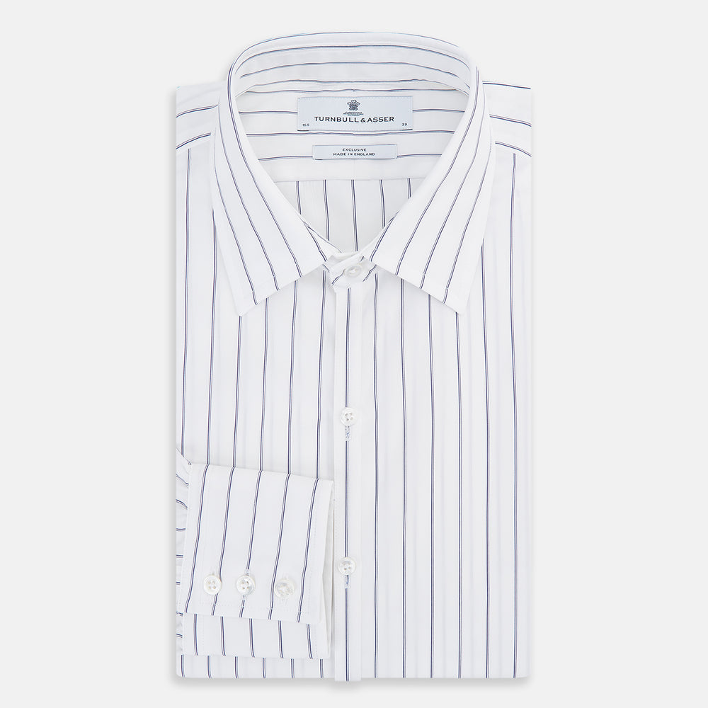 The Dark Navy Double-Pinstripe Westminster Shirt by Turnbull & Asser, featuring a Turnbull collar and cuffed sleeves, is displayed laid flat on a plain white background, highlighting its British craftsmanship.