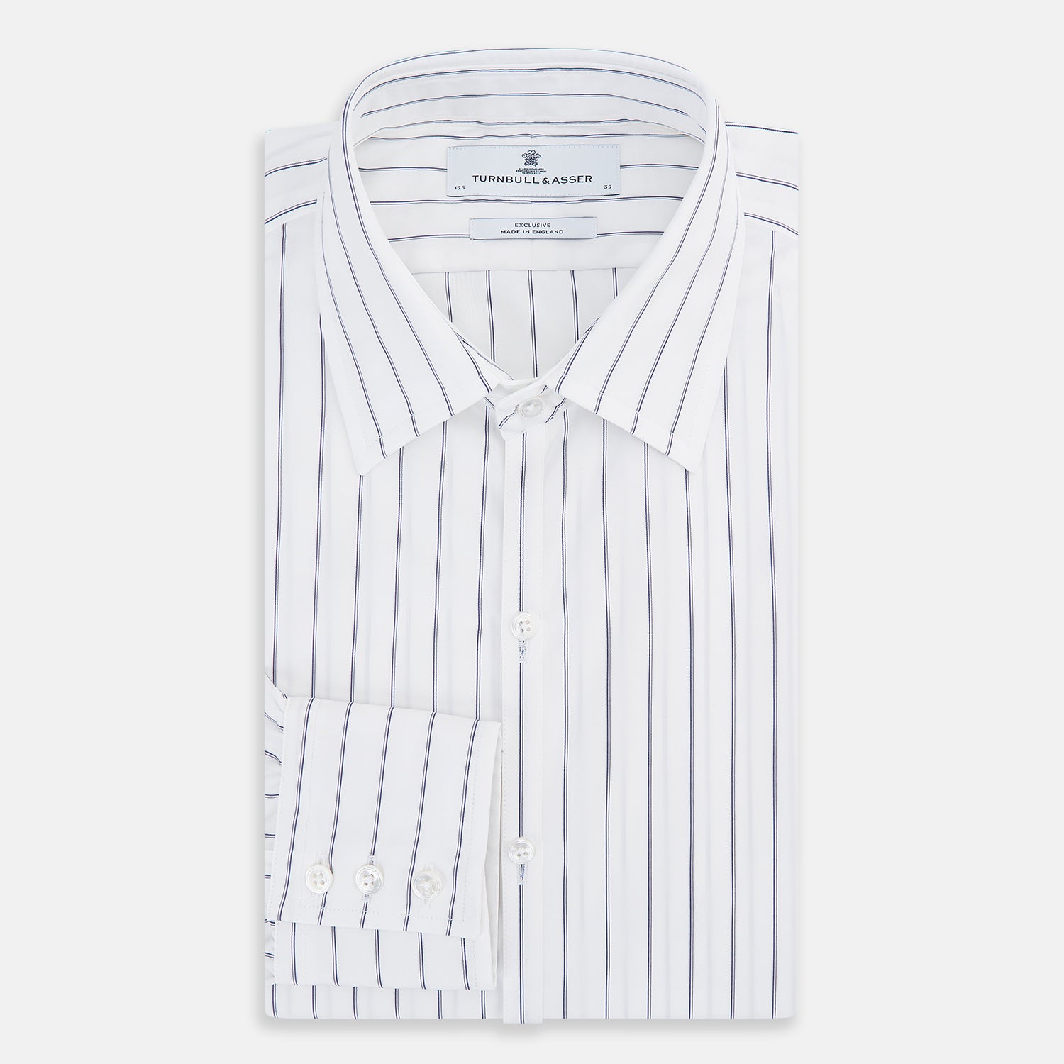 View 5 of product The Dark Navy Double-Pinstripe Westminster Shirt by Turnbull & Asser, featuring a Turnbull collar and cuffed sleeves, is displayed laid flat on a plain white background, highlighting its British craftsmanship.
