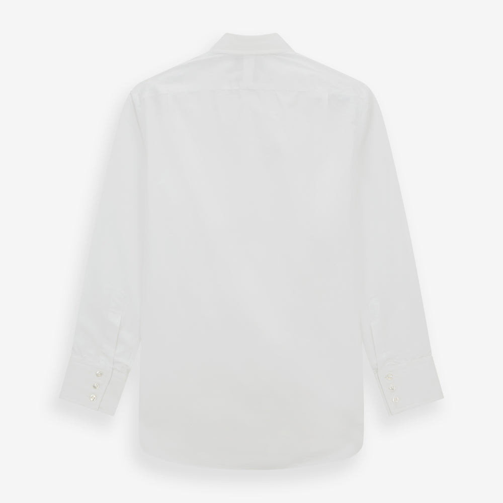 The Turnbull & Asser White West Indian Sea Island Cotton Shirt features a T&A collar, 3-button cuffs, and is crafted from luxurious long-staple cotton for exceptional softness. Displayed against a white background.
