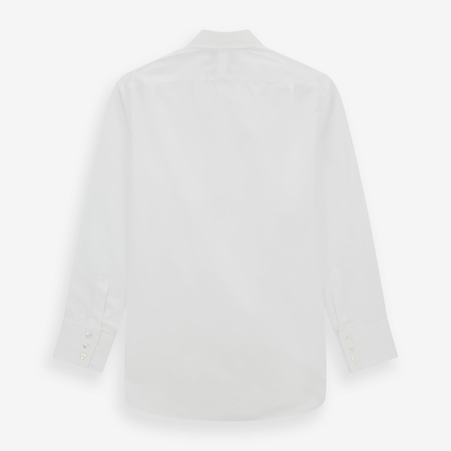 View 5 of product The Turnbull & Asser White West Indian Sea Island Cotton Shirt features a T&A collar, 3-button cuffs, and is crafted from luxurious long-staple cotton for exceptional softness. Displayed against a white background.