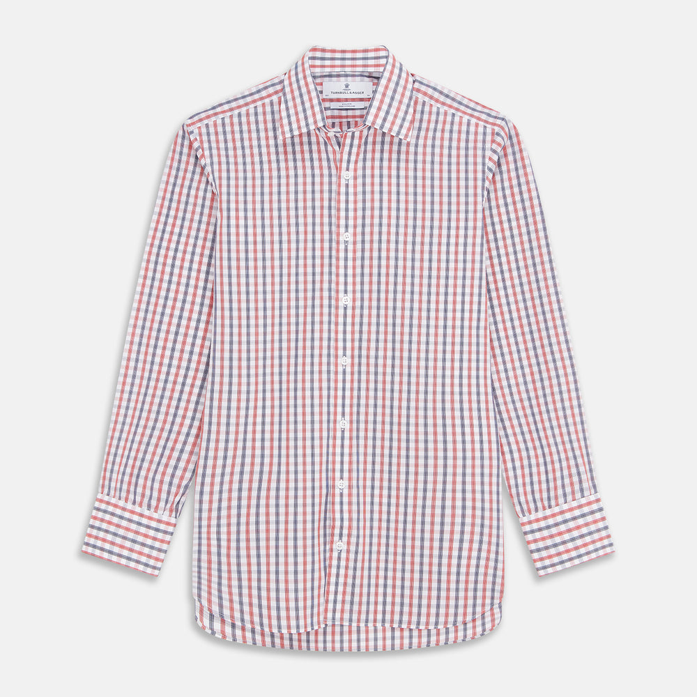 The Turnbull & Asser Navy and Red Check Cotton Regular Fit Mayfair Shirt features a classic T&A collar and long sleeves, shown laid flat on a white background.