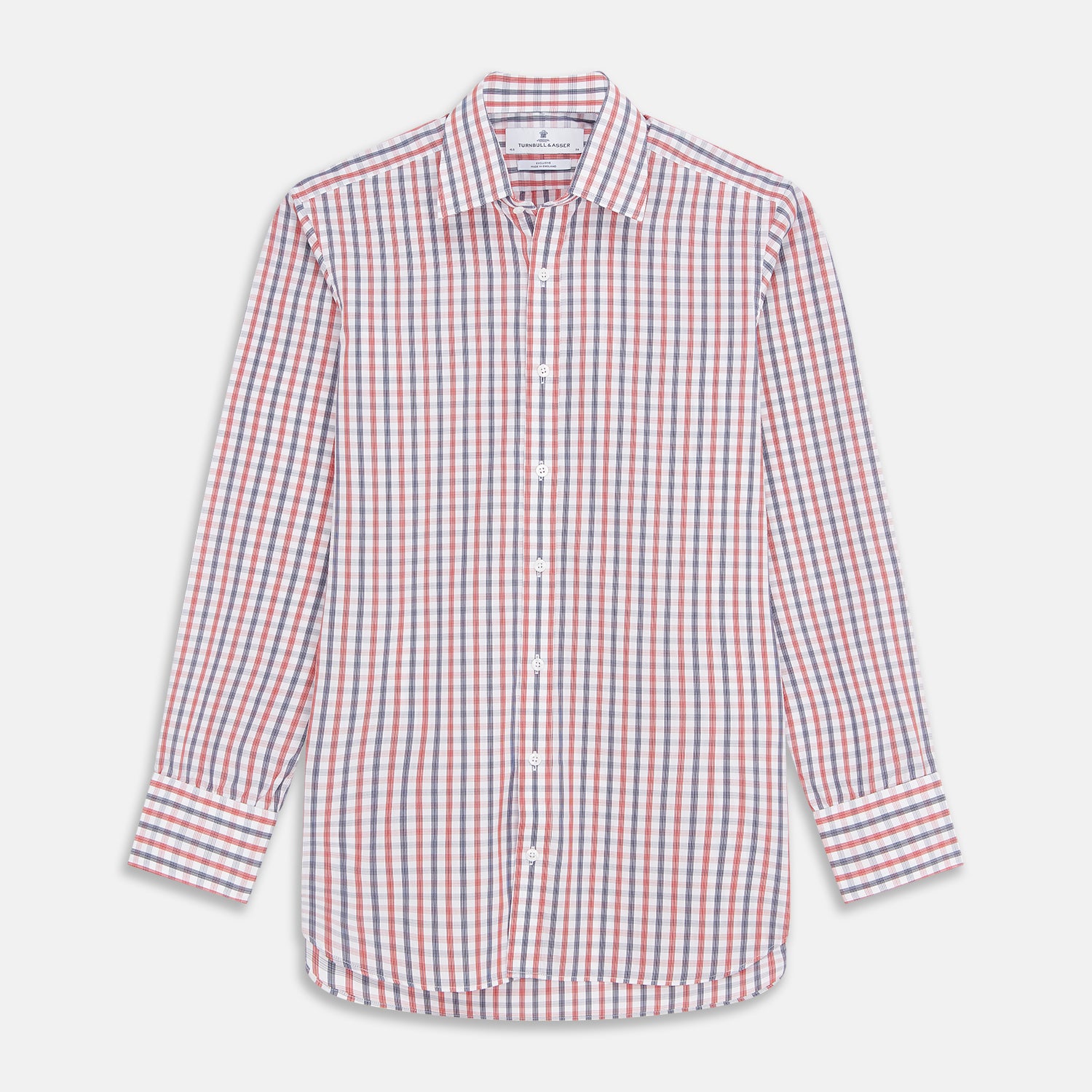 View 1 of product The Turnbull & Asser Navy and Red Check Cotton Regular Fit Mayfair Shirt features a classic T&A collar and long sleeves, shown laid flat on a white background.