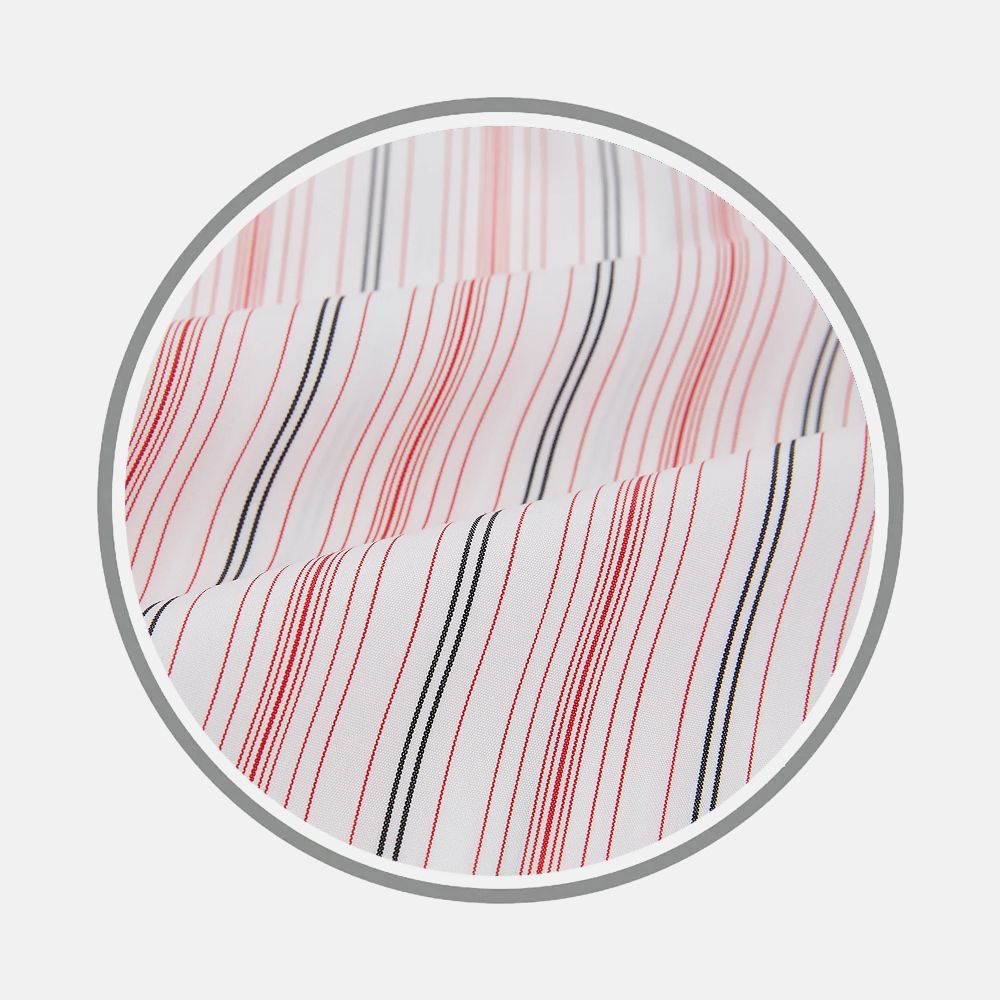 Close-up of Turnbull & Asser's Red Multi Pencil Stripe Fabric, featuring white fabric with thin vertical red and black stripes, displayed in a circular frame on a light background.