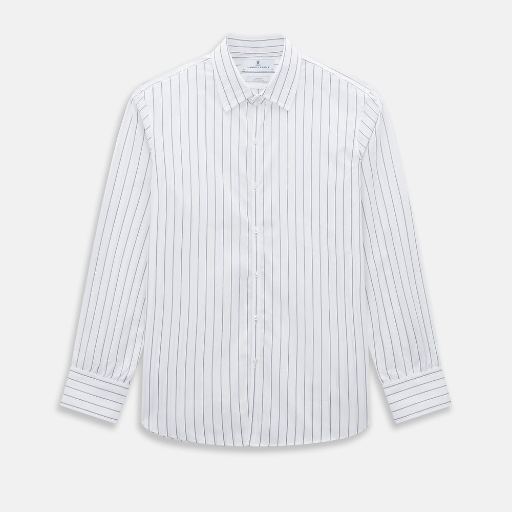 The Dark Navy Double-Pinstripe Westminster Shirt by Turnbull & Asser, featuring a Turnbull collar and cuffed sleeves, is displayed laid flat on a plain white background, highlighting its British craftsmanship.
