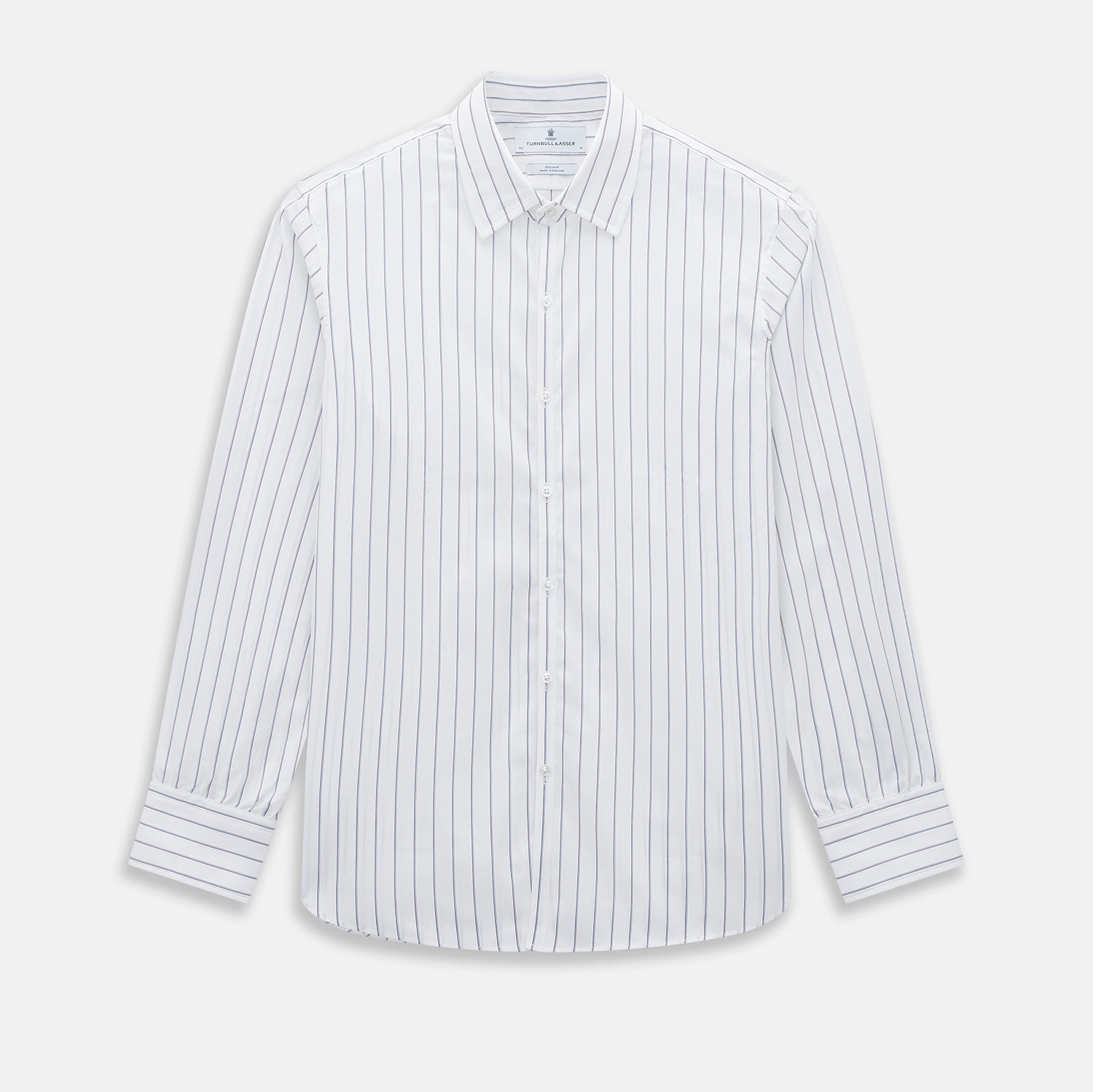 View 1 of product The Dark Navy Double-Pinstripe Westminster Shirt by Turnbull & Asser, featuring a Turnbull collar and cuffed sleeves, is displayed laid flat on a plain white background, highlighting its British craftsmanship.