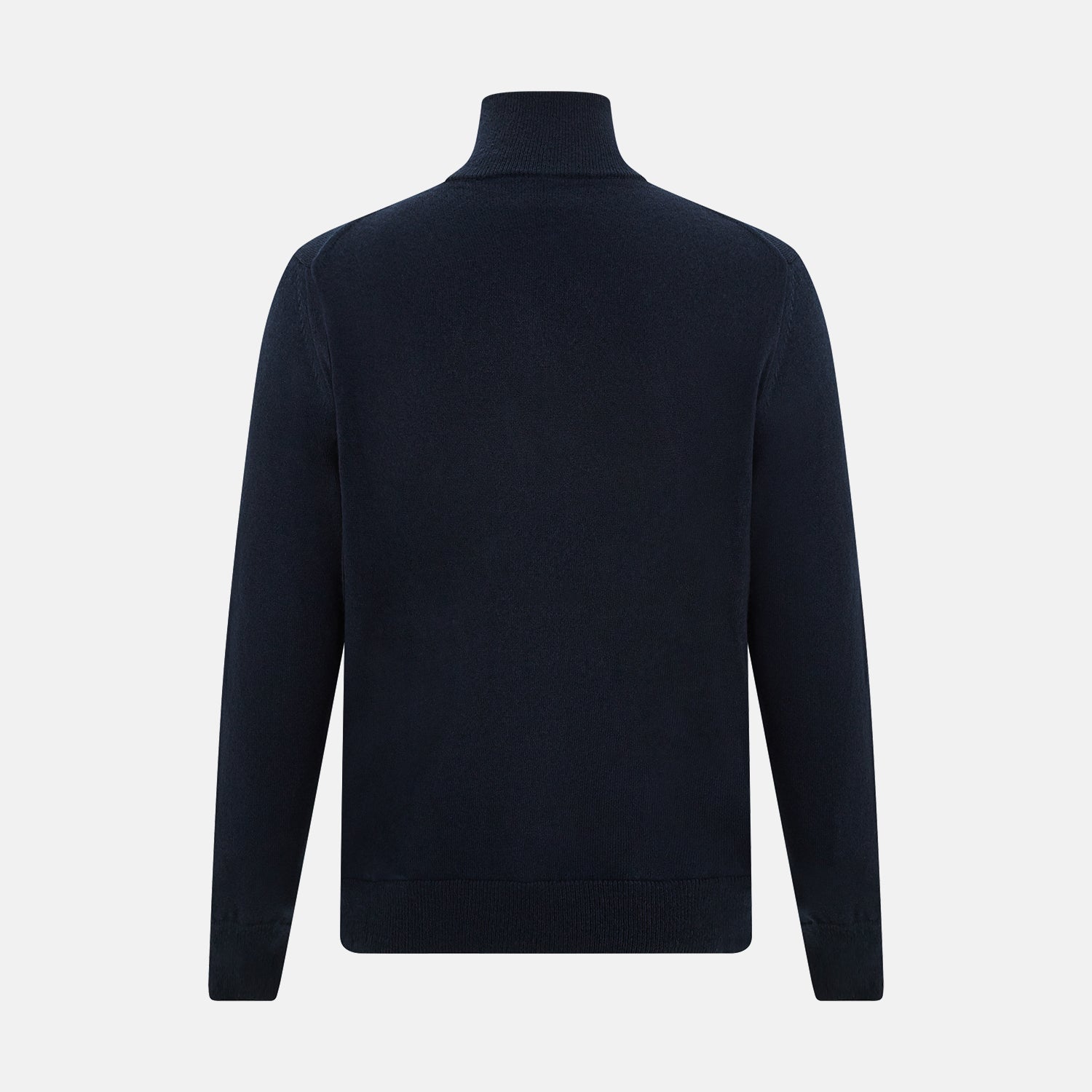 View 3 of product The Midnight Blue Half-Zip Cashmere Jumper by Turnbull & Asser features a stand collar, long sleeves, and quarter-zip closure, crafted from premium cashmere and shown against a plain white background.