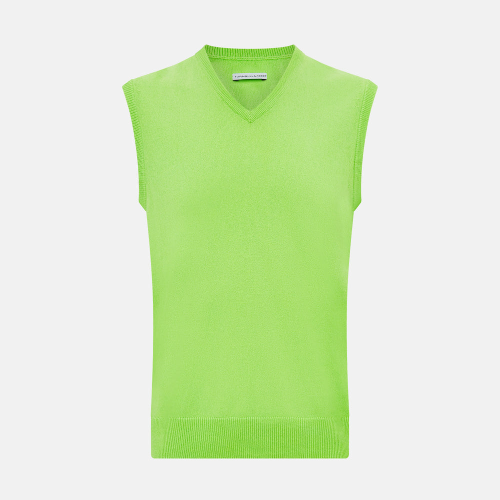 The Turnbull & Asser Lime Green V-neck Cashmere Vest features a sleeveless design and ribbed edges, shown against a plain white background.