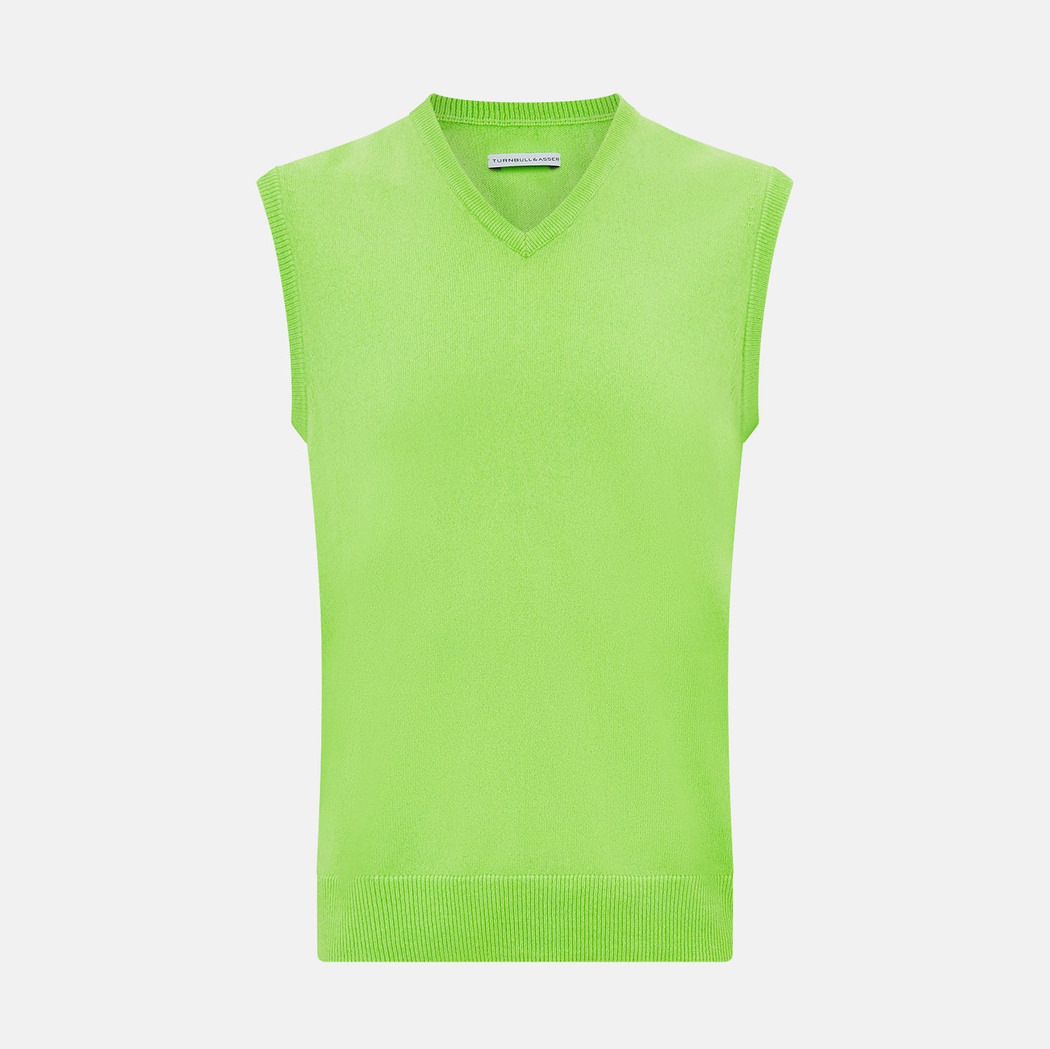View 1 of product The Turnbull & Asser Lime Green V-neck Cashmere Vest features a sleeveless design and ribbed edges, shown against a plain white background.