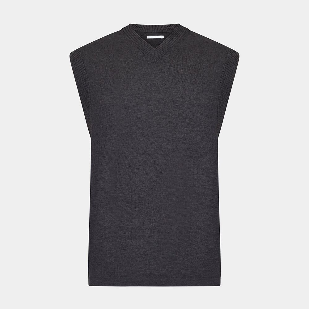 The Turnbull & Asser Brown Fine Merino V-Neck Vest features a sleeveless design with wide shoulders, ideal for layering in cooler seasons, shown here against a plain white background.