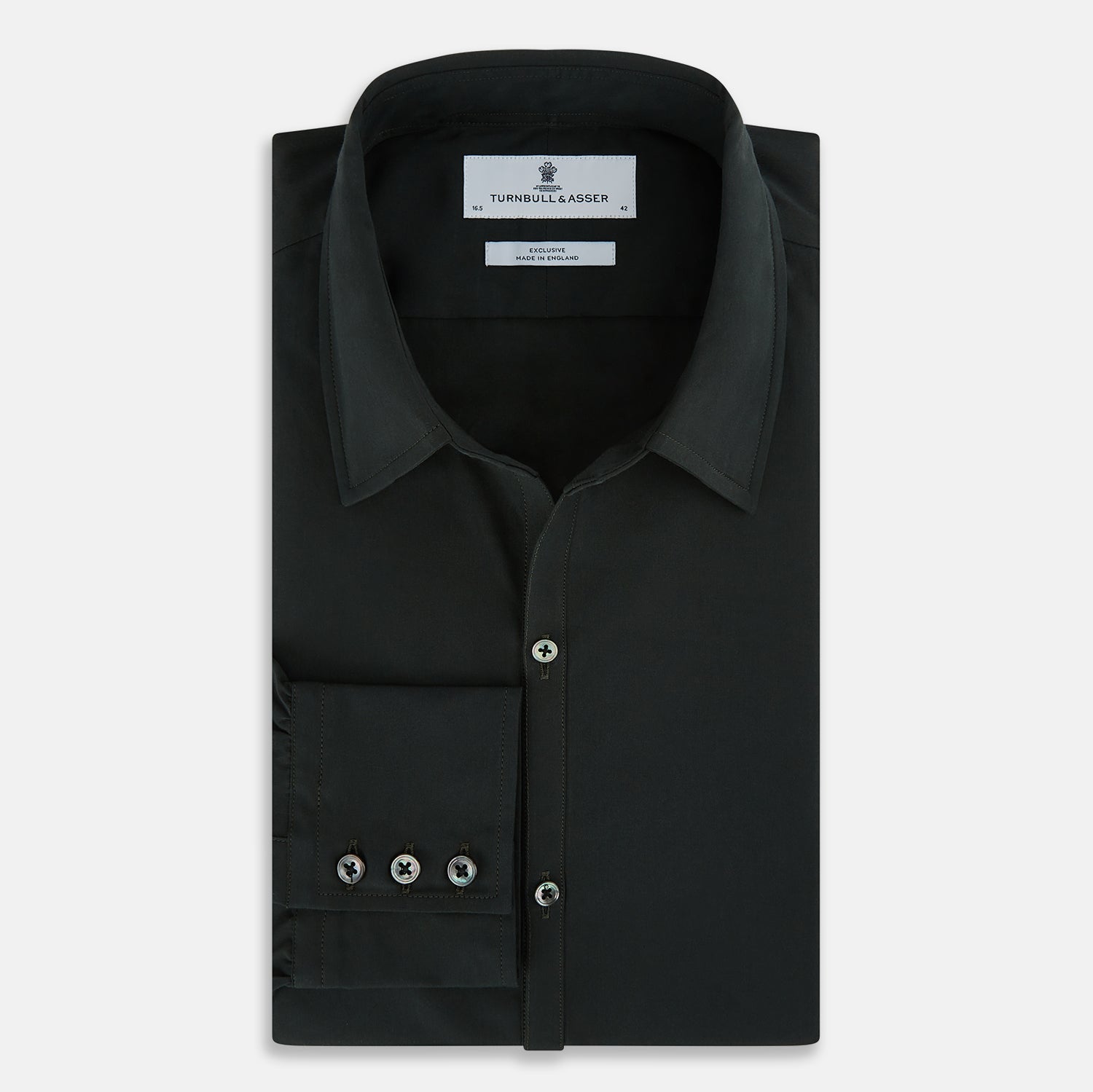 View 5 of product The FOREST GREEN WINDSOR SHIRT by Turnbull & Asser features long sleeves, a Windsor collar, and buttoned cuffs, reflecting British craftsmanship. Displayed on a plain white background.