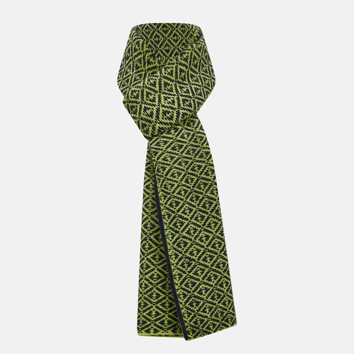 View 1 of product A Petrol Green and Chartreuse diamond-patterned cashmere knitted scarf by Turnbull & Asser—an essential accessory for adding striking geometric flair to any look.