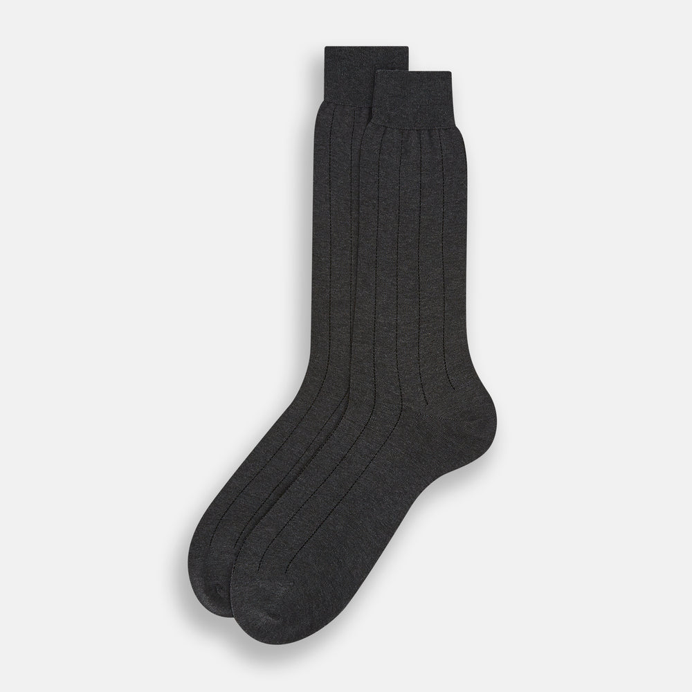 A Charcoal Dash Striped Mid-Length Sock from Turnbull & Asser is shown on a plain white background, positioned to emphasize its ribbed texture and length.