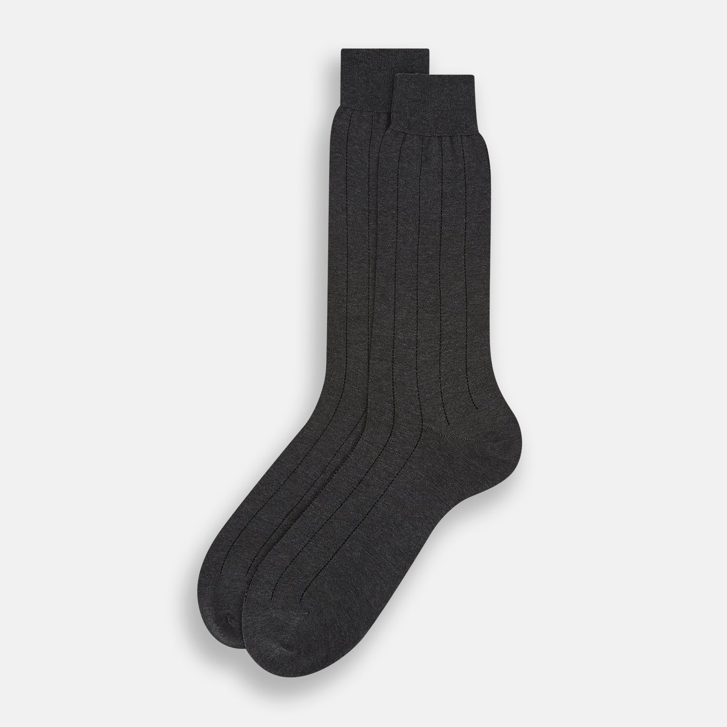 View 2 of product A Charcoal Dash Striped Mid-Length Sock from Turnbull & Asser is shown on a plain white background, positioned to emphasize its ribbed texture and length.