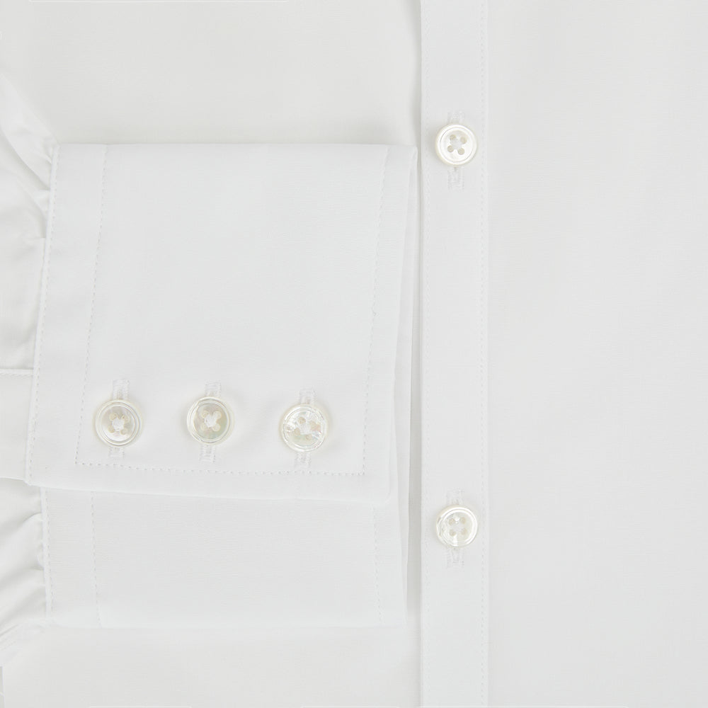 The PLAIN WHITE WESTMINSTER SHIRT WITH TURNBULL COLLAR AND 3-BUTTON CUFFS by Turnbull & Asser features refined British craftsmanship, long sleeves, a straight hem, and a crisp white design displayed on a plain background.
