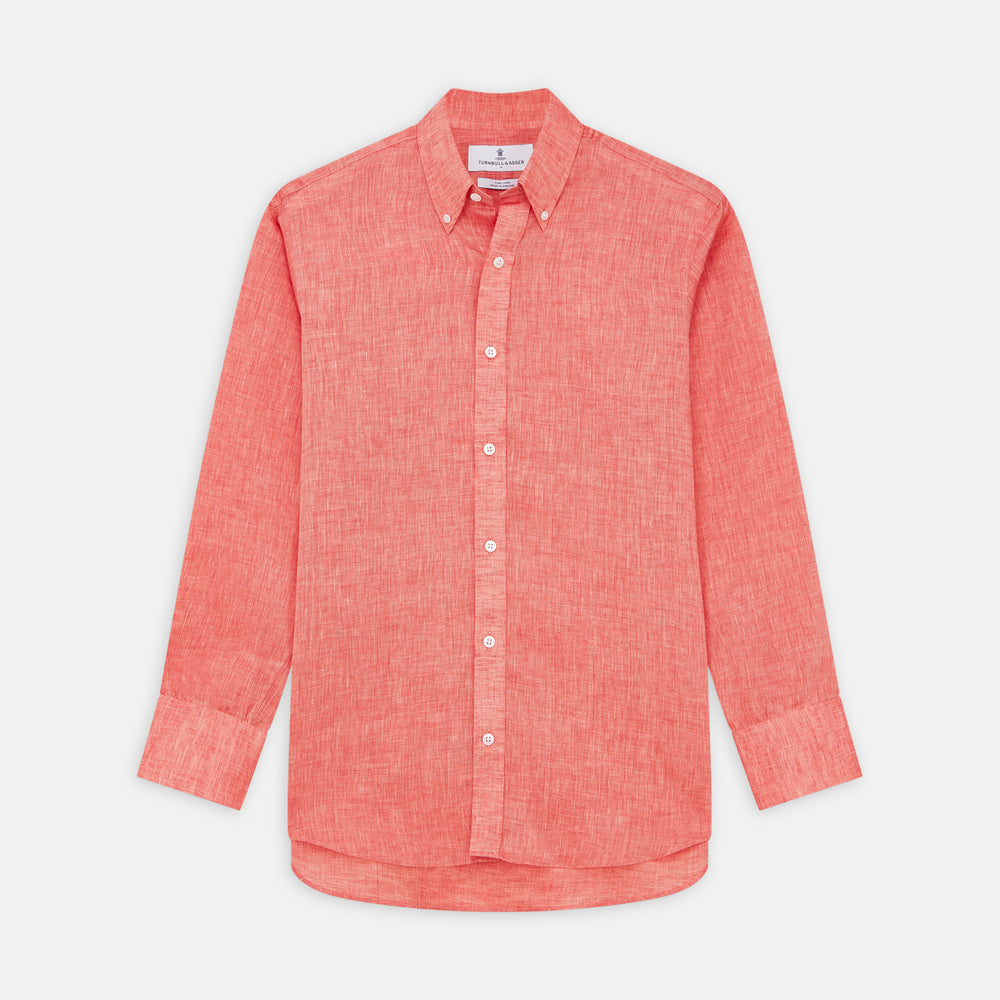 The Turnbull & Asser Pink Linen Weekend Fit Hayne Shirt is a casual, long-sleeve button-down with a subtle texture and white buttons, neatly laid flat on a white background.