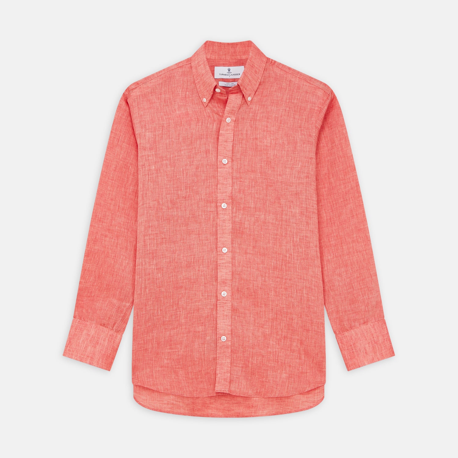 View 1 of product The Turnbull & Asser Pink Linen Weekend Fit Hayne Shirt is a casual, long-sleeve button-down with a subtle texture and white buttons, neatly laid flat on a white background.