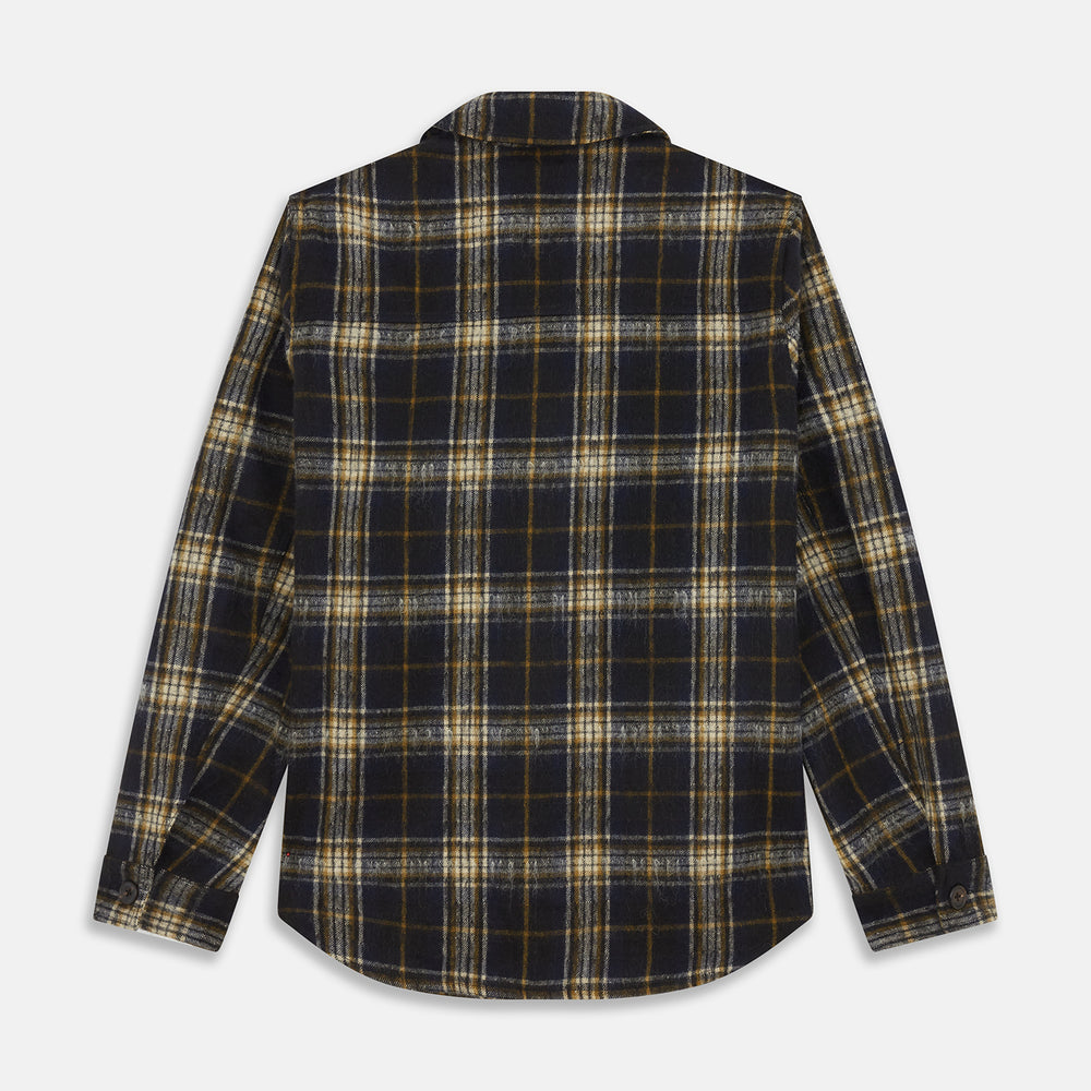 The Turnbull & Asser Navy and Beige Check Wool and Mohair Blend Somerset Overshirt, featuring long sleeves, two chest pockets, and a classic collar, is laid flat on a white background.
