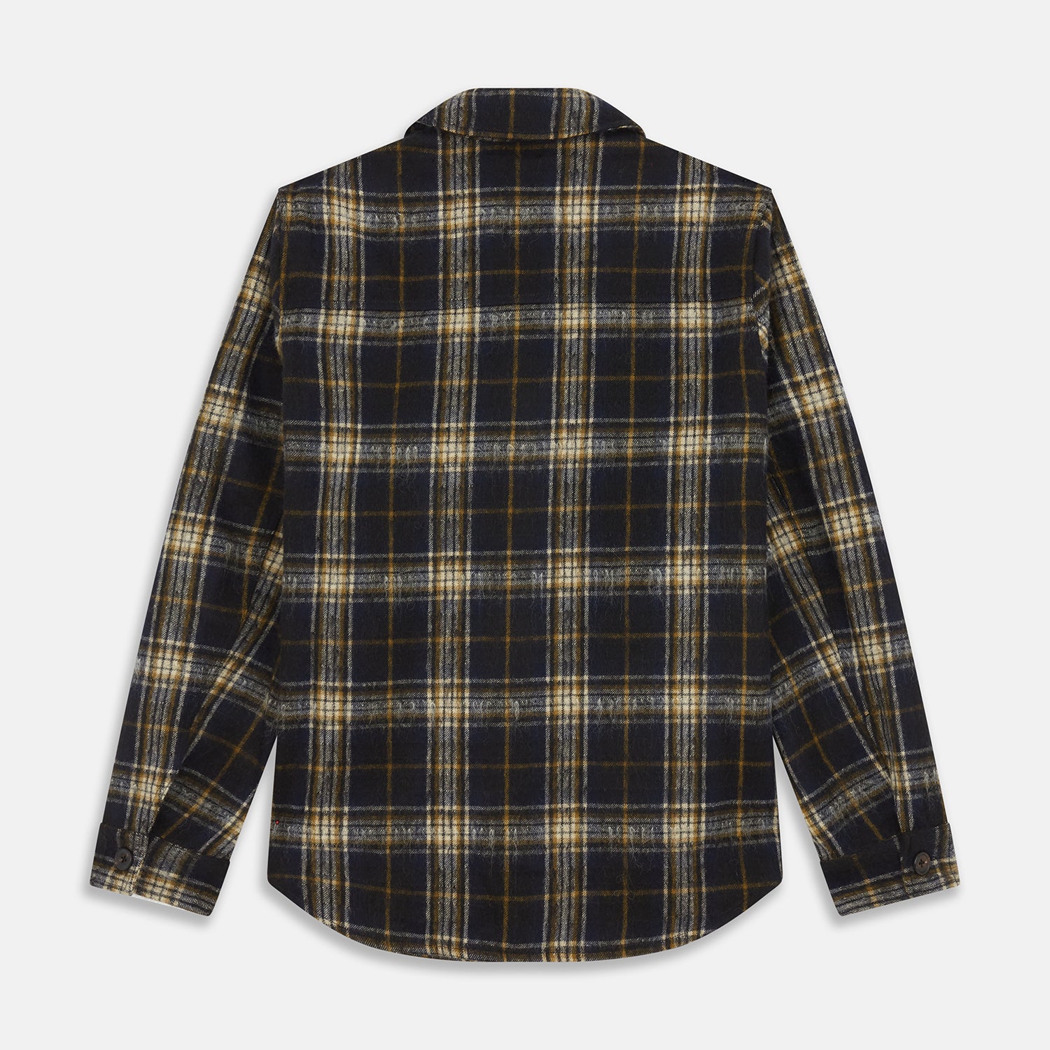 View 4 of product The Turnbull & Asser Navy and Beige Check Wool and Mohair Blend Somerset Overshirt, featuring long sleeves, two chest pockets, and a classic collar, is laid flat on a white background.