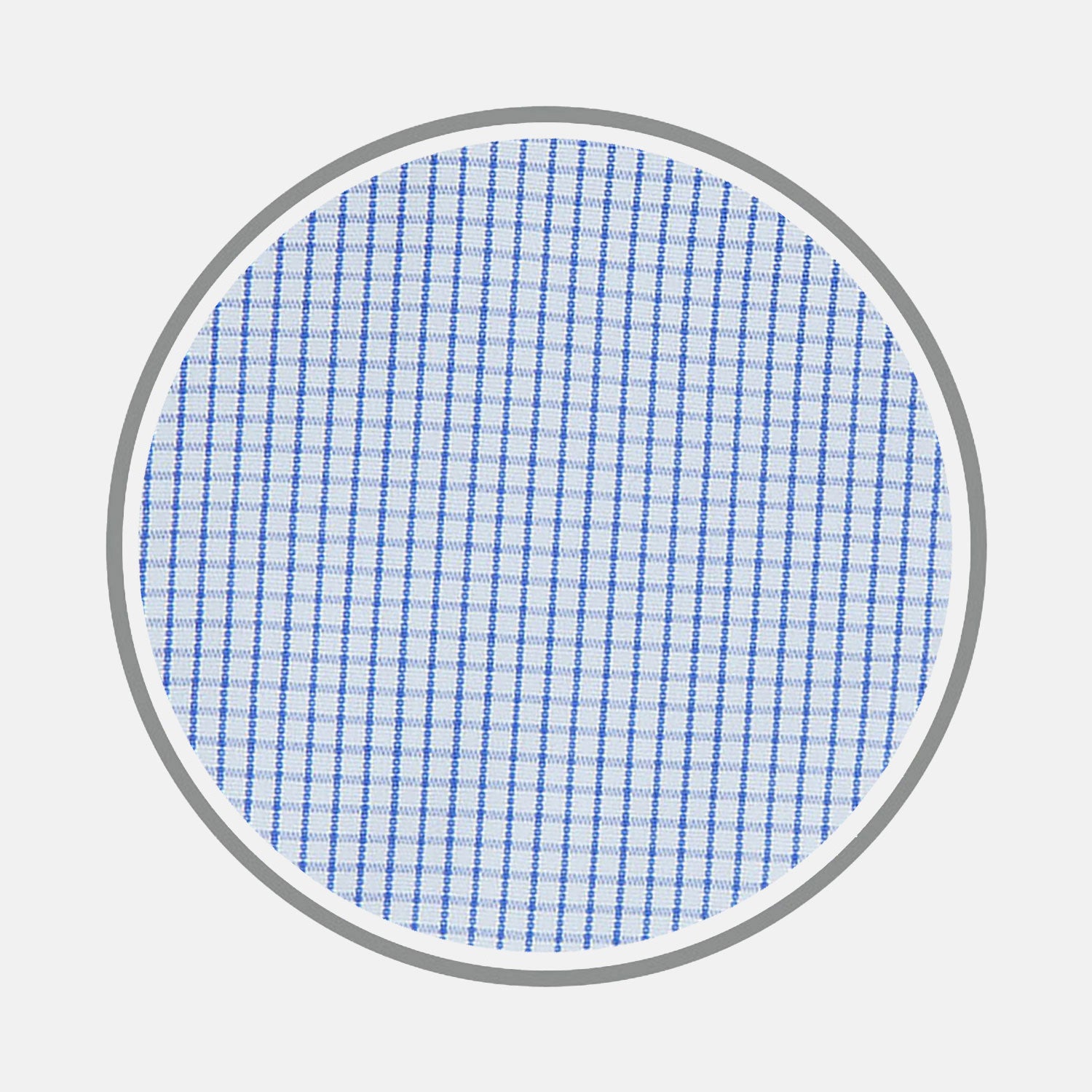 View 1 of product A circular close-up of Turnbull & Asser’s Blue Grid Check Cotton Fabric shows its white base with evenly spaced blue grid lines, bordered by a gray ring on a white background.