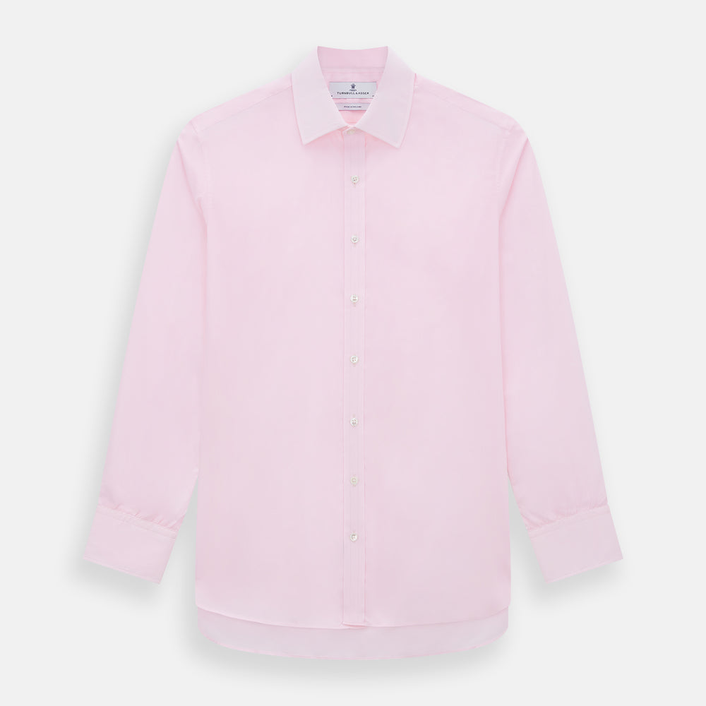The Turnbull & Asser Pink Mayfair Shirt features long sleeves, a classic collar, and white buttons—a refined choice for any men's wardrobe. Laid flat against a white background, it highlights timeless style and craftsmanship.